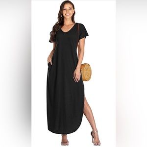 Womens Long Dress Side Slit Maxi Dresses Casual Short Sleeve with Pockets SizeM